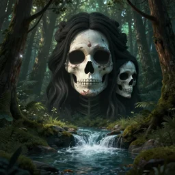 blender, render, illustration, woman, forest, darkness, perfect faces, skull, light, river, waterfall