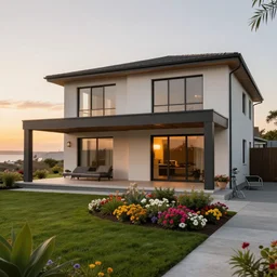 modern beach - front house with a large gazebo, yard is full of flowers, sunset