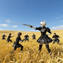a very high resolution image from nier : automata, featuring 9 s android fighting russian spetznaz in yellow rye field under pure blue skies