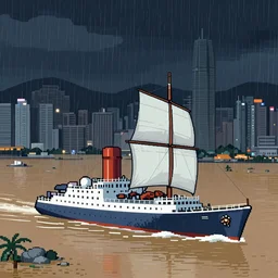 cruiser sailing on flooded miniature kowloon city at night, raining, art by yoshitaka amano, and artgerm, pixel art
