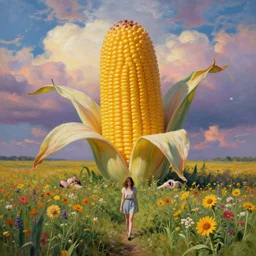 giant corn flower head, girl walking in a flower field, surreal photography, dead body, dramatic light, impressionist painting, colorful clouds, digital painting, walter white, uncanny valley