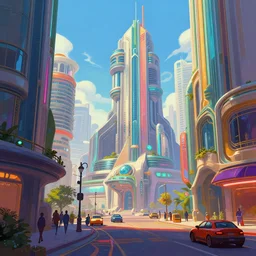 A colorful sci-fi digital concept art painting of a street-level view of a utopic art deco city, by Santeri Soininen, trending on artstation, highly detailed, matte painting