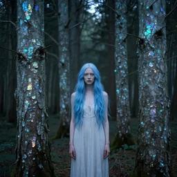 pale woman with blue hair standing in a forest with iridescent tree bark, myst, dawn, dramatic lighting, gerald brom, nekro borja, rembrandt, alphonse mucha,