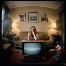 kodak portra 4 0 0, wetplate, fisheye, award - winning portrait by britt marling, 1 9 8 0 s tv room, 8 0 s sony trinitron, picture frames, shining lamps, dust, smoke, 1 9 8 0 s furniture, sofa, wallpaper, carpet, books, muted colours, fog, plants, flowers