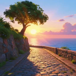 a lonely cobblestone street with a tree on a cliff over the sea at sunset, brightly illuminated by rays of sun, artstation, colorful makoto shinaki illustration, octane render, pixar, 3d render, 8k