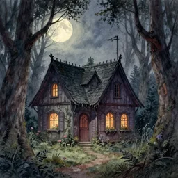 realistic fairytale cottage in haunted woods with moonlight, dark and gothic, full frame, art by walter crane and kay nielsen and h j ford, watercolor illustration