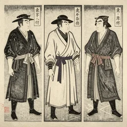 ancient Japanese woodcut block print ukiyo-e plague doctor triptych