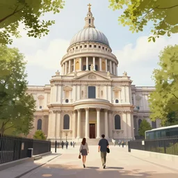 i walk in saint paul's cathedral, in london. volumetric lighting, summer, late morning, slight overcast weather, realistic illustration, perfectly shaded, soft painting, art by krenz cushart and wenjun lin