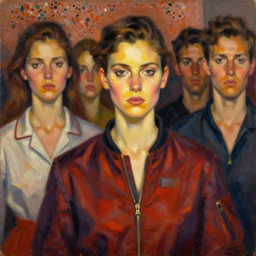 portrait in daring femininity, determined face, flight suit, warm glow, runway bathed in light, captured memory, recollection, angular impressionism, radiosity, terrazzo, pj crook, michael garmash, livia prima, nick alm, casey baugh, deep color, oil on canvas