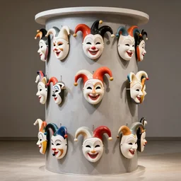 “multiple jester mask spinning in a cylinder”