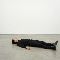 a chinese person laying flat on back on the floor by daniel johnston and peter doig, line brush, minimal, 4 k