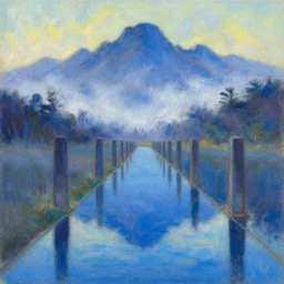 a landscape pastel in the style of noriyoshi ohrai of a blue reflective path to some misty mountains in the background. along the path stands pillars that reflect in the water. key art. 4 k fantasy