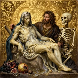masterpiece ultrarealistic ultradetailed la pieta medium shot painting of slime catholic veiled lady beside rotten fruit still life, skeleton, greg rutkowski, immerse, 1 9 th, special effects makeup, maximalist, glittering, gold, ivory, hyperreal, golden ratio, alphonse mucha
