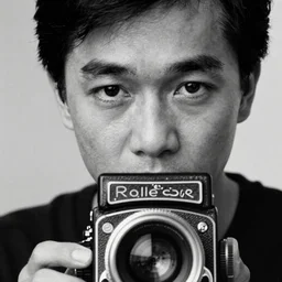 photo of Leslie Cheung  by Diane Arbus, extreme closeup, black and white, high contrast, Rolleiflex, 55mm f/4 lens