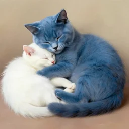 blue cat and white cat sleep together by Thomas Kinkade