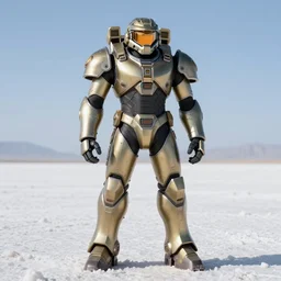 samus aran metroid wearing halo spartan mjolnir armor combined with varia suit standing on salt flats, video game, concept art, metroid, halo infinite, good value control, vibrant colors, yellow and orange color scheme