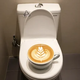 latte art coffee in a!!! toilet, michelin star restaurant, award winning food photography