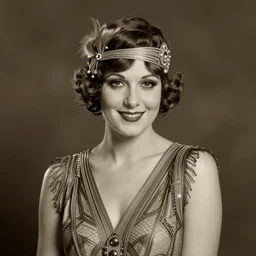 a portrait photo of a 1 9 2 0 s woman with a slight smile in a flapper dress, atmospheric lighting, painted, sepia, intricate, ultra detailed by leesha hannigan, thierry doizon, kai carpenter, well composed, best on artstation, cgsociety, epic, stunning, gorgeous, intricate detail, wow, masterpiece