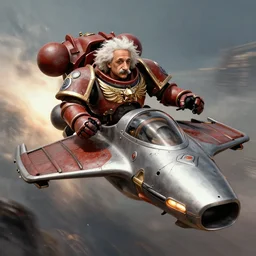 Albert Einstein flying a Warhammer 40k Storm Speeder