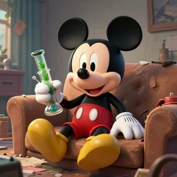 mickey mouse holding a cannabis glass bong while sitting on a couch in a messed up apartment, digital art, highly detailed, artstation, sharp