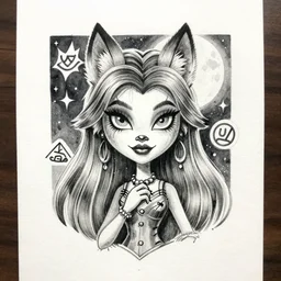 josephine wall watercolor pencil drawing of a monster high universe clawdeen wolf fullmoon, stars, sigils and doodles around her, doodles of chibi jesters