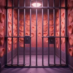 dim lit, empty jail, walls made of ears, 3d render, pixar movie style, vibrant colors , 8k, high details, trending at artstation