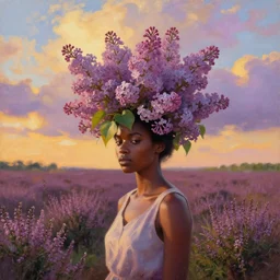 portrait, giant lilac flower as head, black girl in heather field, surreal photography, golden hour, colorful clouds, impressionist painting, digital painting, artstation, simon stalenhag