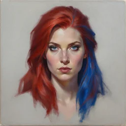 A detailed matte oil on canvas head on symmetrical portrait of a distinguished elven woman with red and blue hair on an empty background,  by Charlie bowater, Wlop, trending on artstationhd,  dungeons and dragons art,  half & half hair, split dye, critical role