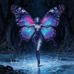 a tall slender butterfly priestess made of shattered hopes and mystical dreams, grimdark fantasy painting of a cosmic butterfly on a shadowed forest background. a fursona of a butterfly goddess dancing on a frozen lake in the darkness void realm. a painting in neon inks, by edvard junjiito picasso