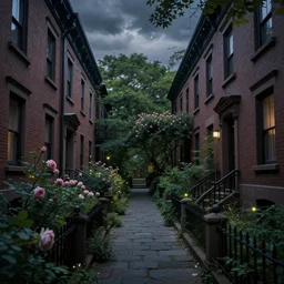 mysterious alley between two 1 9 2 0 s brownstone buildings, magical garden, rose brambles, stone path, fireflies, cloudy night sky, natural volumetric lighting, studio ghibli, by pat presley, detailed 8 k render, 8 k postprocessing