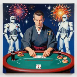 samurai in a japanese kimono sitting at an extremely detailed poker table with the startrooper, sake, coca cola, donuts, on the table, fireworks and stars on the background, by andy warhol, by roy liechtestein, canvas, acrylic paint, cool color palette, masterpiece, 4 k, ultra - hd