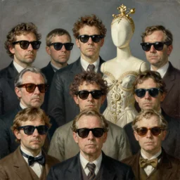 a surreal painting by willem claesz heda where everyone is wearing sunglasses and super serious. one of them is a mannequin, intricate, elegant, masterpiece, trending on artstation, extremely detailed, dreamscape, fantasy, magical