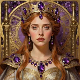 portrait of elizabeth olsen as a queen, throne, jewelry, greek, amethyst, intricate, headshot, highly detailed, digital painting, artstation, concept art, sharp focus, cinematic lighting, illustration, art by artgerm and greg rutkowski, alphonse mucha, cgsociety