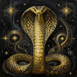 black and gold scifi astral cobra snake painting of abstract surrealist forms by yvonne mcgillivray by mandy jurgens by michael divine, powerful eyes glowing highly detailed painting, spiritual abstract forms, symmetrical, trending on art station, abstract emotional, very beautiful, fantasy digital art, highly detailed patterned visionary art, magic symbols, by michael divine, cosmic nebula