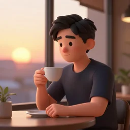 a man sitting on a café table mext to a window and holding a cup of coffee at sunset, black hair, 4K, cartoon, concept art, octane render, unreal engine 5, path tracing, complementary colours, serene scene, warm, cute, natural lighting, high quality, highly detailed, high coherence, defined face, five fingers, anatomically correct, soft lighting, close view, digital art, trending on DeviantArt