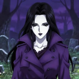 full portrait of beautiful necromancer woman in the graveyard, face details, purple trench coat, pale skin, black eyes, high fantasy, dnd, highly detailed, sharp focus, smooth, manga illustration, by keisuke sato!!