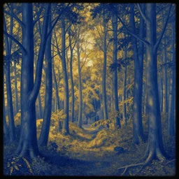a blue and golden forest, daguerreotype by pontormo, by gustave moreau, by Bosch, art noveau, highly detailed, strong lights, liminal, eerie, Bright pastel colors, octane render, 8k,