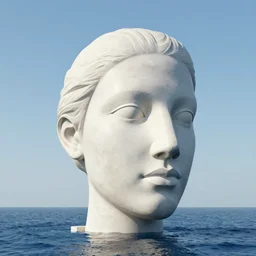 a giant head modern sculpture on the ocean water, cg render, ray tracing, 8 k resolution, sharp
