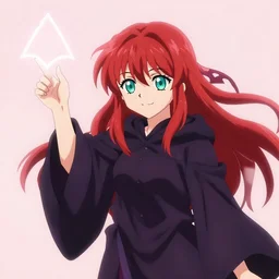 anime key visual of a little witch casting a curse ; smug face ; dark robe ; teal eyes ; red hair ; official media ; pastel colors ; by kagami yoshimizu ; lucky star