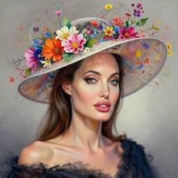 angelina jolie, playful, elegant, hat, thin wires, flowers, ( ( ( fractals ) ) ), vibrant, generative art, annie liebovitz, martine johanna, janusz jurek!, michael garmash, artgerm, peter mohrbacher digital painting, extremely detailed, 4 k, intricate, brush strokes