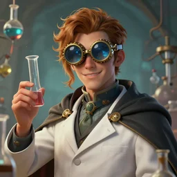 a ( man personified as a chemist ), beauty portrait, fantasy chemistry, steampunk goggles, cape, digital art by krenz cushart, laurie greasly, wlop, artgerm, intricate, highly detailed, sharp focus, smooth, epic composition, joyful, unreal engine