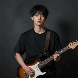 a young korean man wearing black t shirt holding an electric guitar!! in dark room, dramatic smoke, contrast lighting, matte colors, thought provoking, dramatic brush painting, trending on artstation