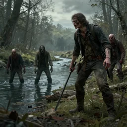 fantasy art ultra detailed 4 k photo lee ermey hunting zombies near a river