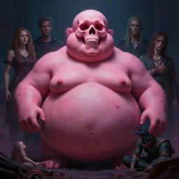 concept art, one big detailed pink skull of fat person, cinematic moody colors, extremly emotional, realistic shaded lighting poster by ilya kuvshinov, magali villeneuve, artgerm, jeremy lipkin and michael garmash and rob rey