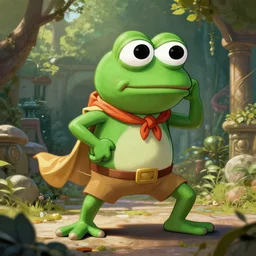 kawaii, dynamic brush strokes, linear gamma, dynamic, natural light, costume design made by pepe frog, sophisticated composition, old masters light composition, procedural, epic pepe frog posing conceptart, beautiful ancient garden behind, substancedesigner, pbr, ultra detailed, hyperrealistic, megascans, volumetric light, concept master, painttoolsai, final, gain