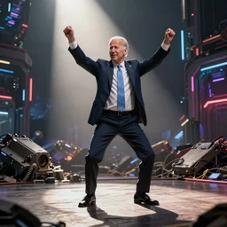 joe biden dancing, heroic shot, post apocalyptic, cyberpunk