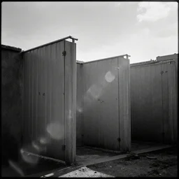movie still of empty public shower with open sky, cinestill 8 0 0 t black and white, by andrei tarkovsky, heavy grain, high quality, high detail, ultra wide lens, cinematic composition, dramatic light, lens flares, anamorphic, trail cam