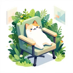 ( ( dither ) ), editorial illustration portrait of an isometric chair with a derpy cat being crazy with lush foliage overgrowth, flowers, modern art deco, ( ( mads berg ) ), christopher balaskas, rich grainy texture, detailed, dynamic pose, matte print, risograph, wood block print, unreal engine, colorful, vibrant