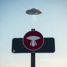 street sign showing an ufo symbol while there is an ufo in the sky