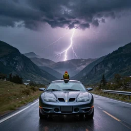 pontiac firebird transam driving towards the camera, large lovebird on roof, mountain scape, landscape photography, mountains, cinematic, wide shot, low angle, huge mountains, thunder storm, lightning, rainy, reflective